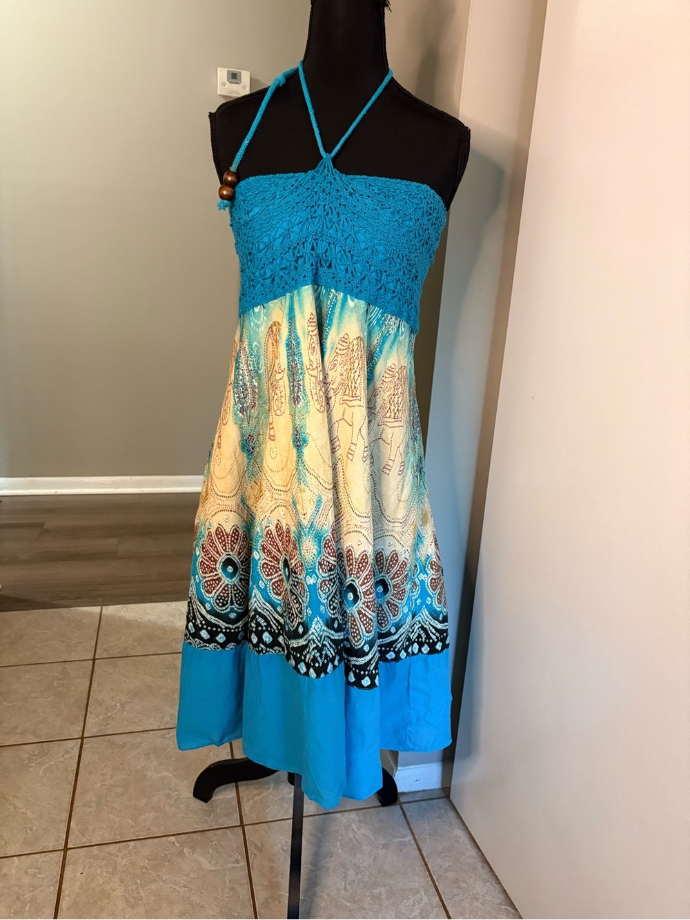 Roommates Turquoise Blue & Cream Boho Crochet Midi Dress